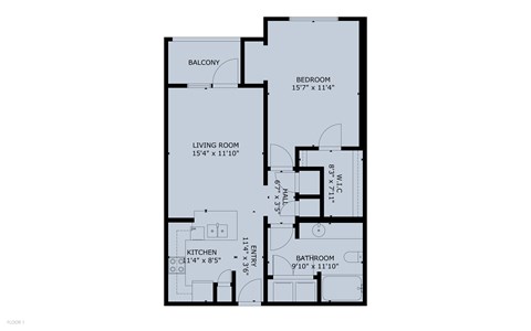 Floor plan of an apartment with a living room, kitchen, bathroom, and bedroom.